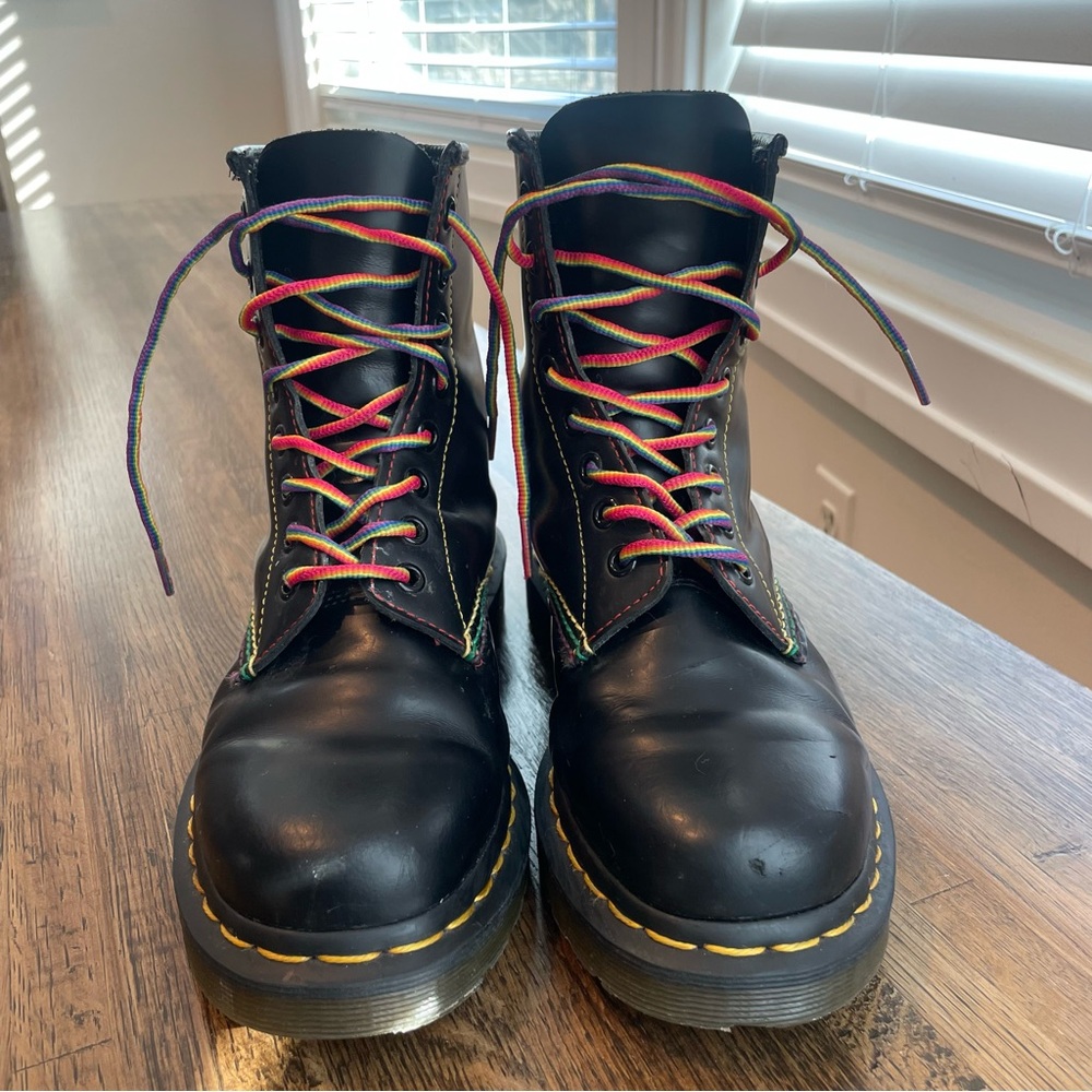 Dr Martens 1460 Pride Patent Leather Black Boots Rainbow Flag and Laces- Size 6